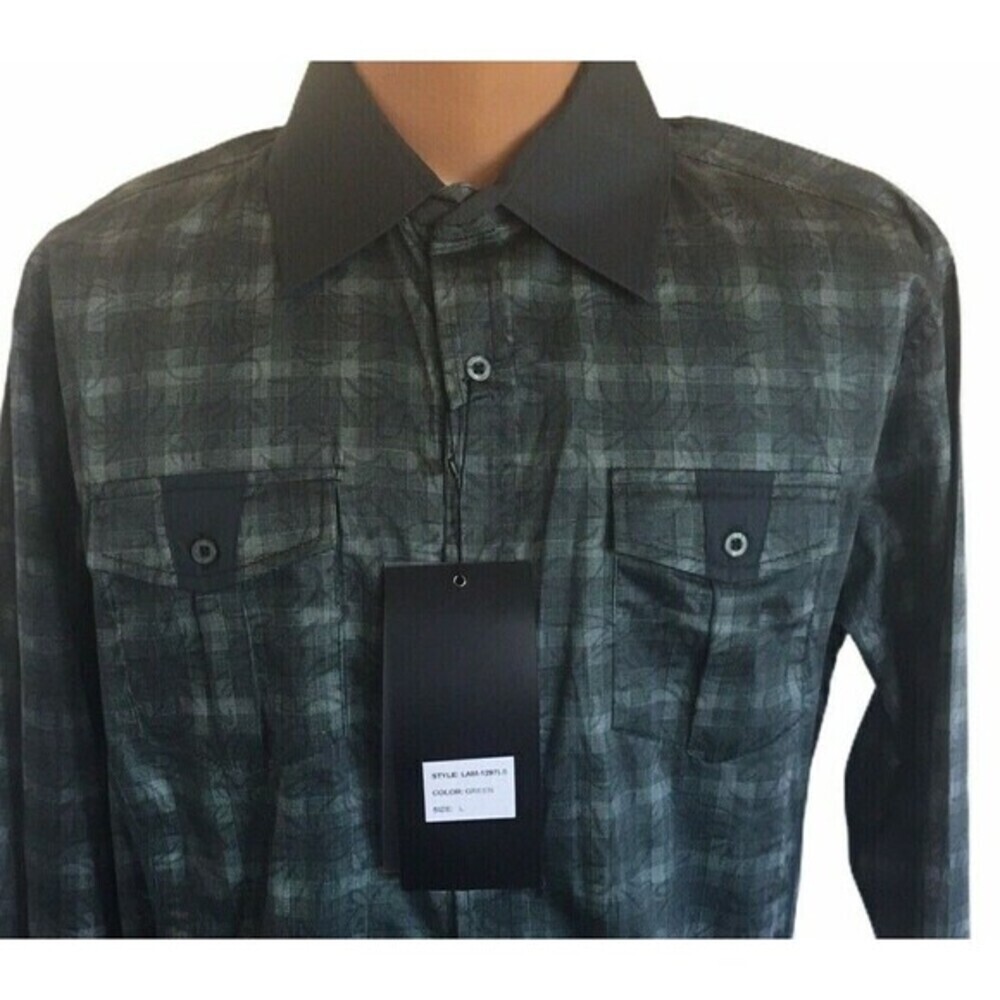 Lamasini Men's‎ Casual Button Up Shirt Brand New Size L Green 100% Cotton plaid.